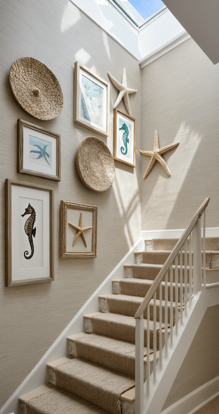 Large Coastal Wall Decor: Transform Your Space into a Serene Beach Retreat Light-filled stairwell with a vertical arrangement of mixed media coastal art, including framed seahorse prints, mounted starfish, and woven fiber art, all set against neutral grasscloth wallpaper with metallic threads, featuring natural light from a skylight creating dramatic shadows.
