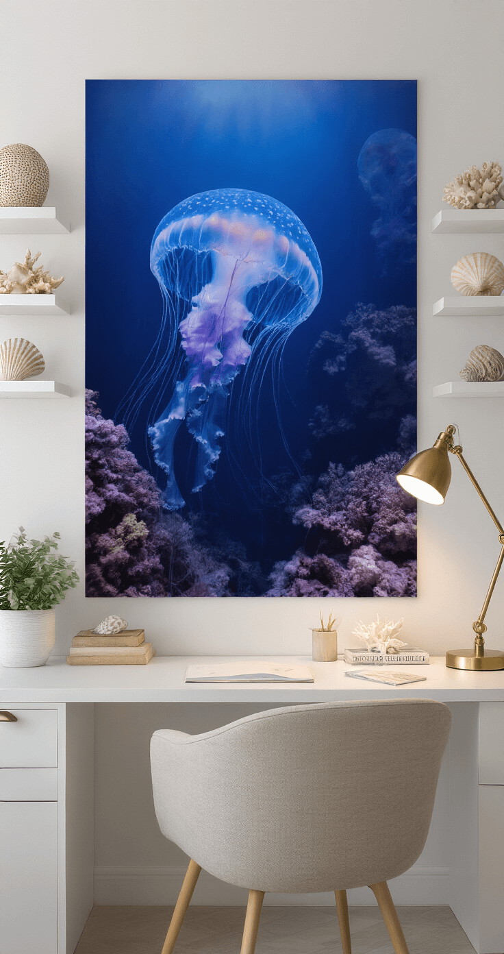 Large Coastal Wall Decor: Transform Your Space into a Serene Beach Retreat Minimalist home office nook featuring a built-in desk, a 40-inch underwater photography print of jellyfish, and floating white shelves with shells and coral. A brass task lamp illuminates the workspace, with soft afternoon light creating gentle gradients.