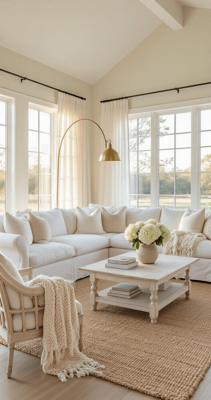 Coastal Grandmother Decor: Create Your Serene Seaside Sanctuary A sunlit living room with high ceilings, featuring a white slipcovered sectional, ivory pillows, a chunky knit throw, a natural seagrass rug, and vintage brass floor lamp, captured at golden hour through wall-to-wall windows with gauzy white curtains.