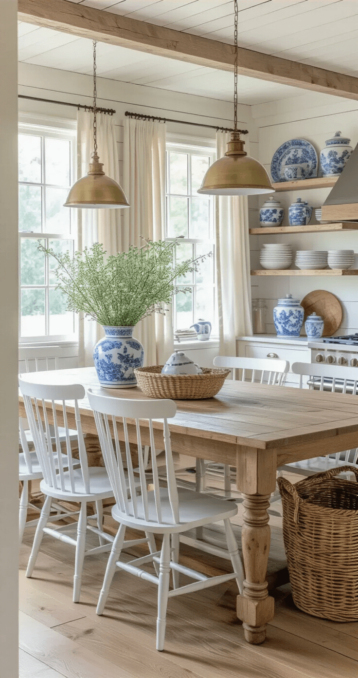 Coastal Grandmother Decor: Create Your Serene Seaside Sanctuary A spacious farmhouse kitchen featuring a vintage oak dining table surrounded by chalk white Windsor-style chairs, illuminated by morning light filtering through café curtains. Aged brass pendant lights hang above, and open shelving displays blue-and-white ceramics and glass canisters, with woven market baskets against the island base. The image is taken from the entrance doorway, highlighting the shiplap ceiling and leading lines.