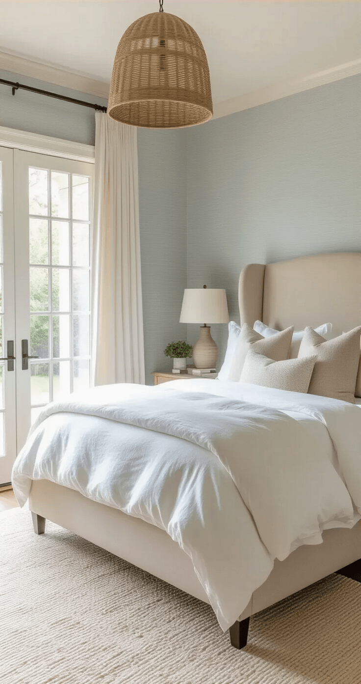 Coastal Grandmother Decor: Create Your Serene Seaside Sanctuary Intimate primary bedroom featuring a cozy wingback bed dressed in a white linen duvet and layered euro shams, illuminated by soft late afternoon light. Seagrass pendant light casts gentle shadows against pale blue grasscloth wallpaper, with French doors opening to a garden view, all captured from a corner angle emphasizing the bed.