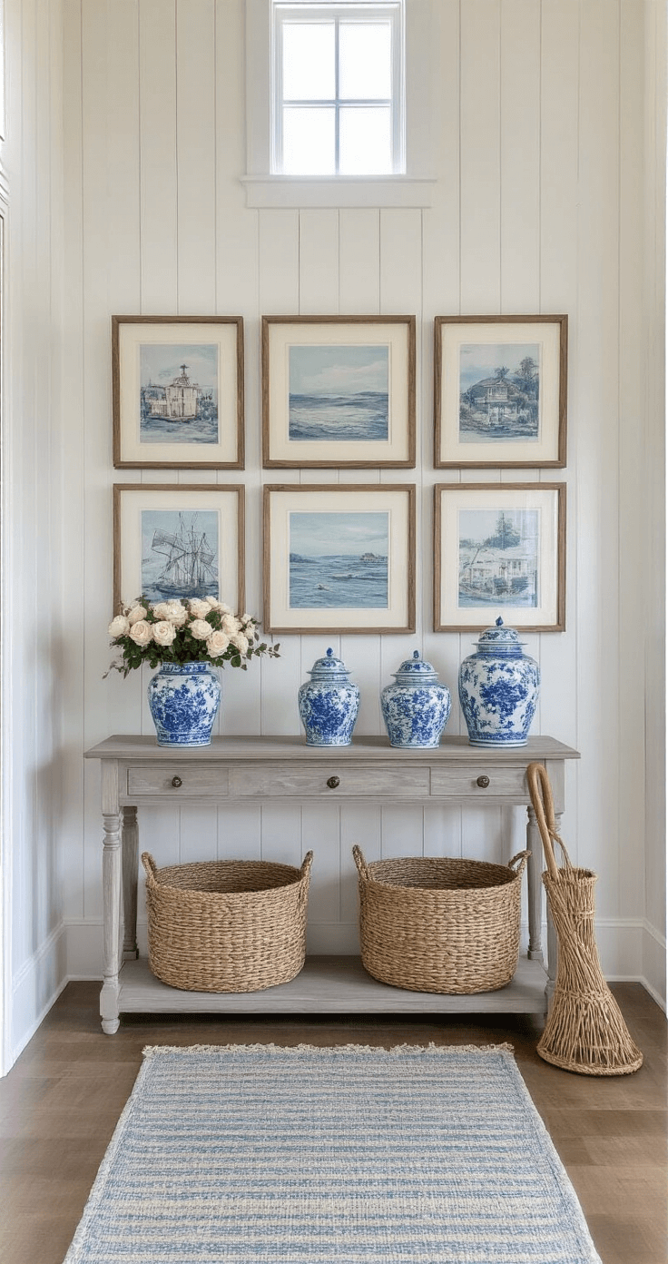 Coastal Grandmother Decor: Create Your Serene Seaside Sanctuary A bright and welcoming 8x10ft entryway featuring crisp white board and batten walls, a coastal artwork gallery wall in weathered frames ascending the staircase, a vintage driftwood gray console table topped with blue-and-white ginger jars and fresh roses, a handwoven runner in muted blues and beiges, a rattan umbrella stand, and seagrass baskets for added texture, all enhanced by natural light from a transom window.