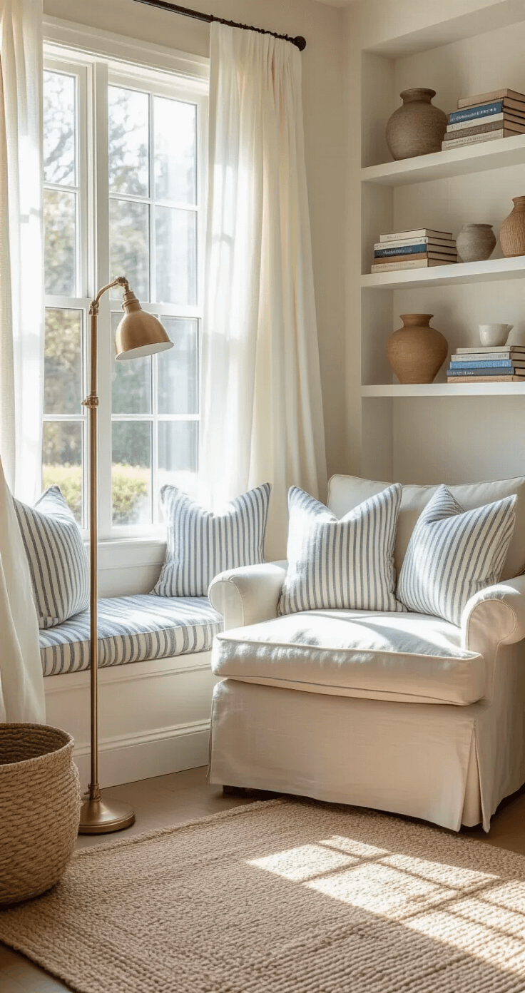 Coastal Grandmother Decor: Create Your Serene Seaside Sanctuary A cozy reading nook with an oversized ivory linen armchair and a brass floor lamp, featuring a built-in window seat with coastal blue striped cushions, vintage books, and ceramic vessels on floating shelves, all bathed in soft morning light with gauzy white curtains billowing.