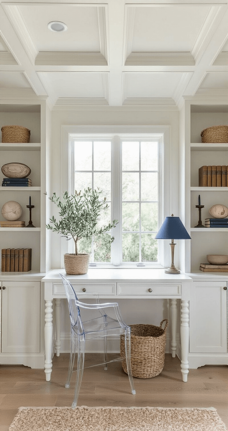 Coastal Grandmother Decor: Create Your Serene Seaside Sanctuary Serene home office featuring a coffered ceiling, white desk with turned legs, ghost chair, built-in bookcases with coastal decorations and neutral-toned books, potted olive tree, and vintage navy table lamp, captured from the doorway with bright lighting and subtle shadows.