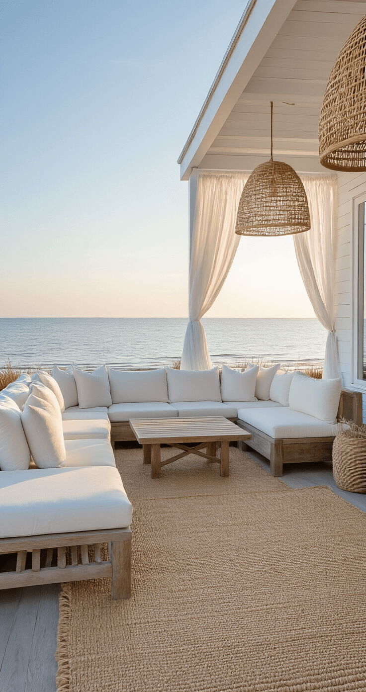 Coastal Outdoor Decor: Transform Your Space into a Seaside Sanctuary A wide-angle view of a 400 sq ft beachfront patio at golden hour, featuring a weathered teak L-shaped sectional with ivory cushions against whitewashed wood-planked walls, layered jute rugs, rattan pendant lights, sea grass planters, and billowing sheer white curtains, all in a soft marine blue, warm sand, and crisp white color palette.