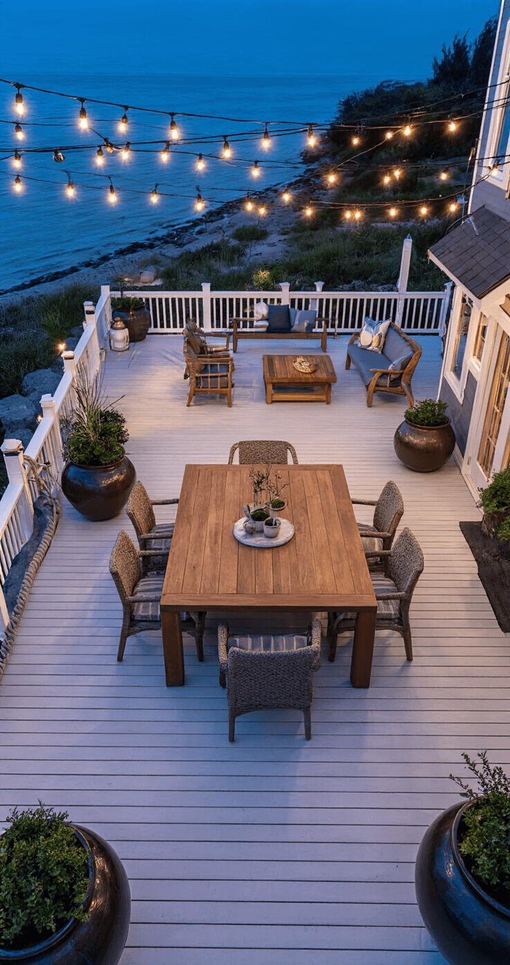 Coastal Outdoor Decor: Transform Your Space into a Seaside Sanctuary Aerial view of a spacious coastal deck at twilight, featuring distinct seating areas around a large teak dining table, with nautical rope railings and oversized ceramic planters filled with coastal plants. Bistro lights criss-cross overhead, illuminating the space with a magical ambiance as day turns to night, highlighted by navy, whitewashed wood, and copper accents.