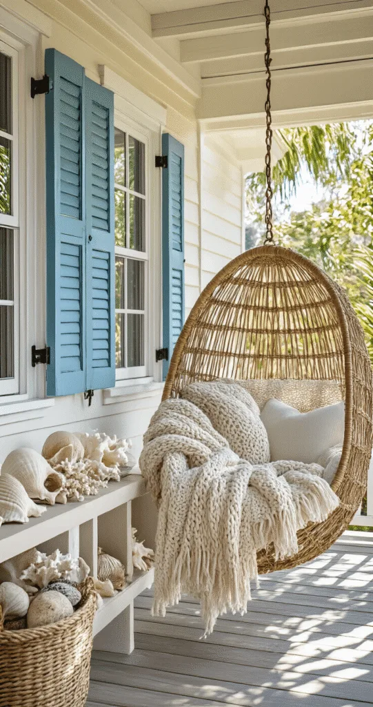 Home A cozy beach cottage porch featuring a hanging rattan egg chair with chunky knit throws, weathered blue shutters, shell wind chimes, and vintage sailing artifacts on built-in shelving, illuminated by dappled natural light through a pergola.