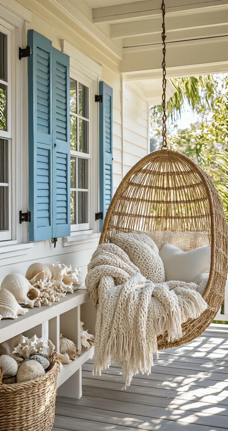 Coastal Outdoor Decor: Transform Your Space into a Seaside Sanctuary A cozy beach cottage porch featuring a hanging rattan egg chair with chunky knit throws, weathered blue shutters, shell wind chimes, and vintage sailing artifacts on built-in shelving, illuminated by dappled natural light through a pergola.