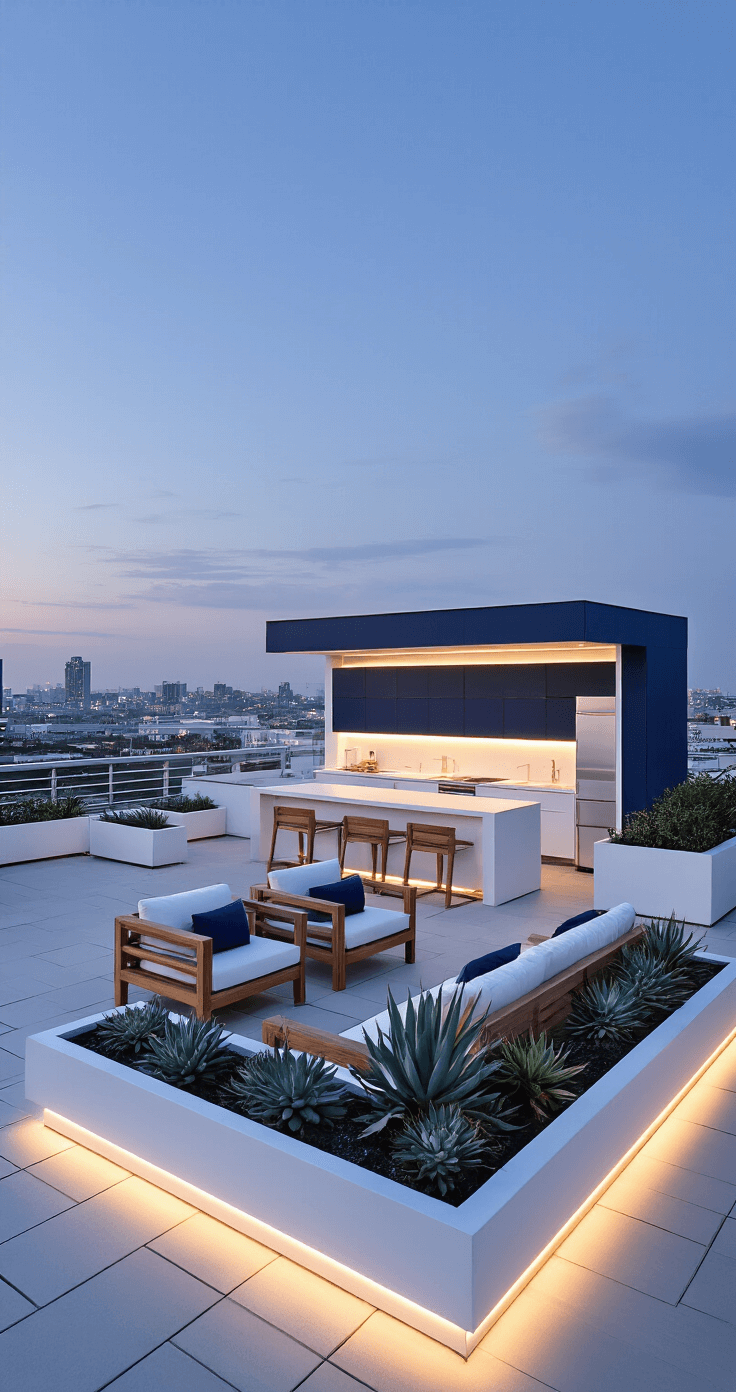 Coastal Outdoor Decor: Transform Your Space into a Seaside Sanctuary A high-angle view of a modern 300 sq ft coastal rooftop at dusk, showcasing a sleek white outdoor kitchen with navy accents, surrounded by glass windbreaks. The lounge area features minimalist teak furniture, illuminated by LED strips, with contemporary planters filled with architectural succulents. City lights blend with the fading daylight, highlighting the color palette of crisp white, deep navy, teak, and silver accents.
