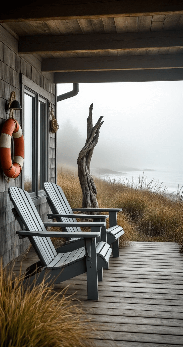 Coastal Outdoor Decor: Transform Your Space into a Seaside Sanctuary Ground-level view of a rustic beach cabin deck in morning fog, featuring weathered gray Adirondack chairs surrounded by wild coastal grasses, vintage fishing buoys, and worn rope details, with a driftwood sculpture as a focal point and soft, diffused lighting creating a misty atmosphere.