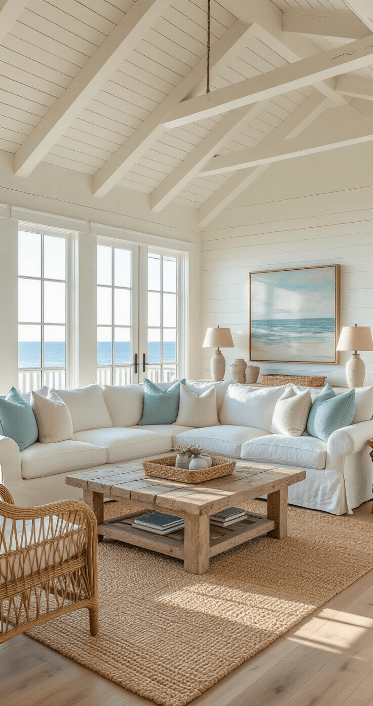 Pottery Barn Coastal Decor: Your Ultimate Guide to Creating a Seaside Sanctuary at Home A sunlit coastal living room with white-planked ceilings and exposed beams, featuring an ivory linen sectional, driftwood coffee table, and rattan accent chairs, adorned with textured pillows in sea glass hues, all bathed in warm golden light.
