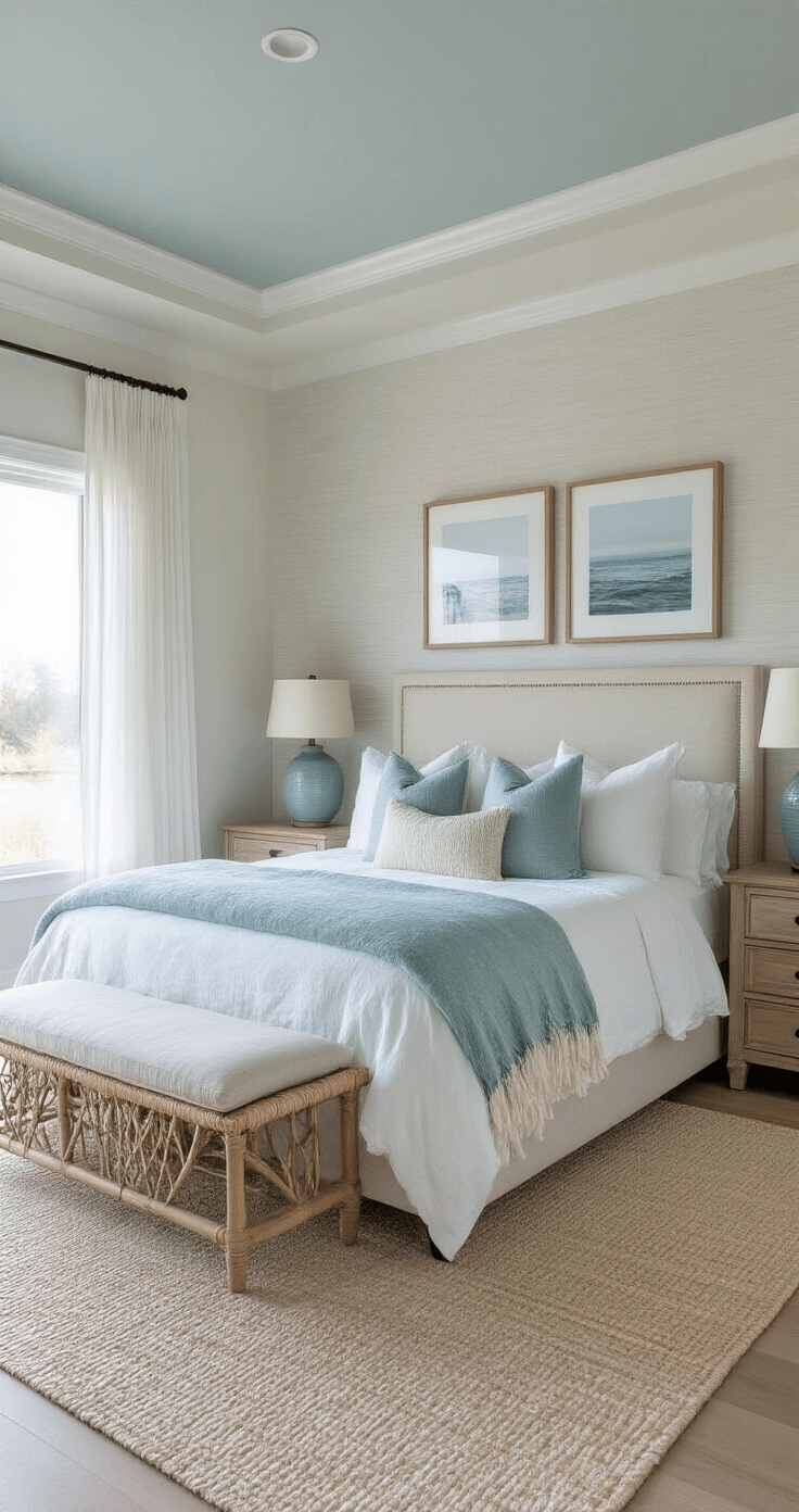 Pottery Barn Coastal Decor: Your Ultimate Guide to Creating a Seaside Sanctuary at Home A serene master bedroom at dawn, featuring a king bed with cloud-white linen and coastal blue throws, framed by weathered oak nightstands and sea foam green lamps. Sheer white curtains gently filter morning light onto a seagrass wallcovering, while a rattan bench with an ivory cushion sits at the foot of the bed. Minimal black and white ocean photography hangs above the headboard, all captured with soft, ethereal backlighting.