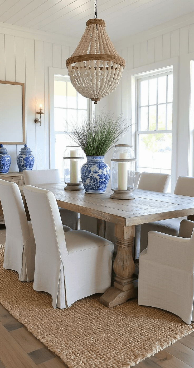 Pottery Barn Coastal Decor: Your Ultimate Guide to Creating a Seaside Sanctuary at Home A coastal dining space with white board and batten walls, featuring a distressed teak table for eight and natural linen slipcovered chairs, illuminated by side lighting. Oversized lanterns with candles and vintage blue-and-white ginger jars with coastal grasses add charm, while a Capiz shell chandelier casts shimmering patterns over a sisal rug.