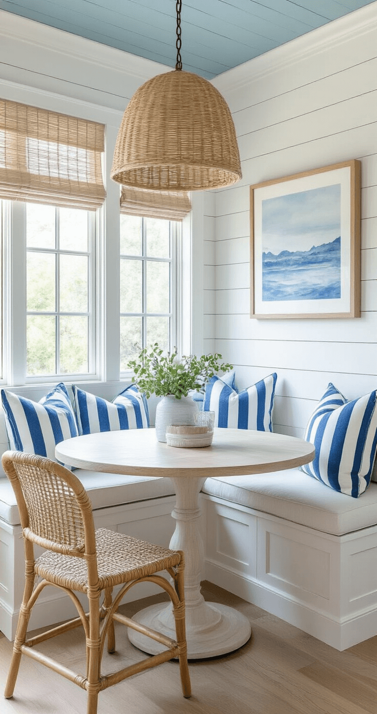 Pottery Barn Coastal Decor: Your Ultimate Guide to Creating a Seaside Sanctuary at Home Cozy breakfast nook with built-in banquette in white fabric, round whitewashed oak table, rattan chairs, and blue-striped throw pillows, illuminated by a woven pendant light, featuring white shiplap walls and a pale blue ceiling, with a coastal landscape watercolor artwork and natural woven roman shades.