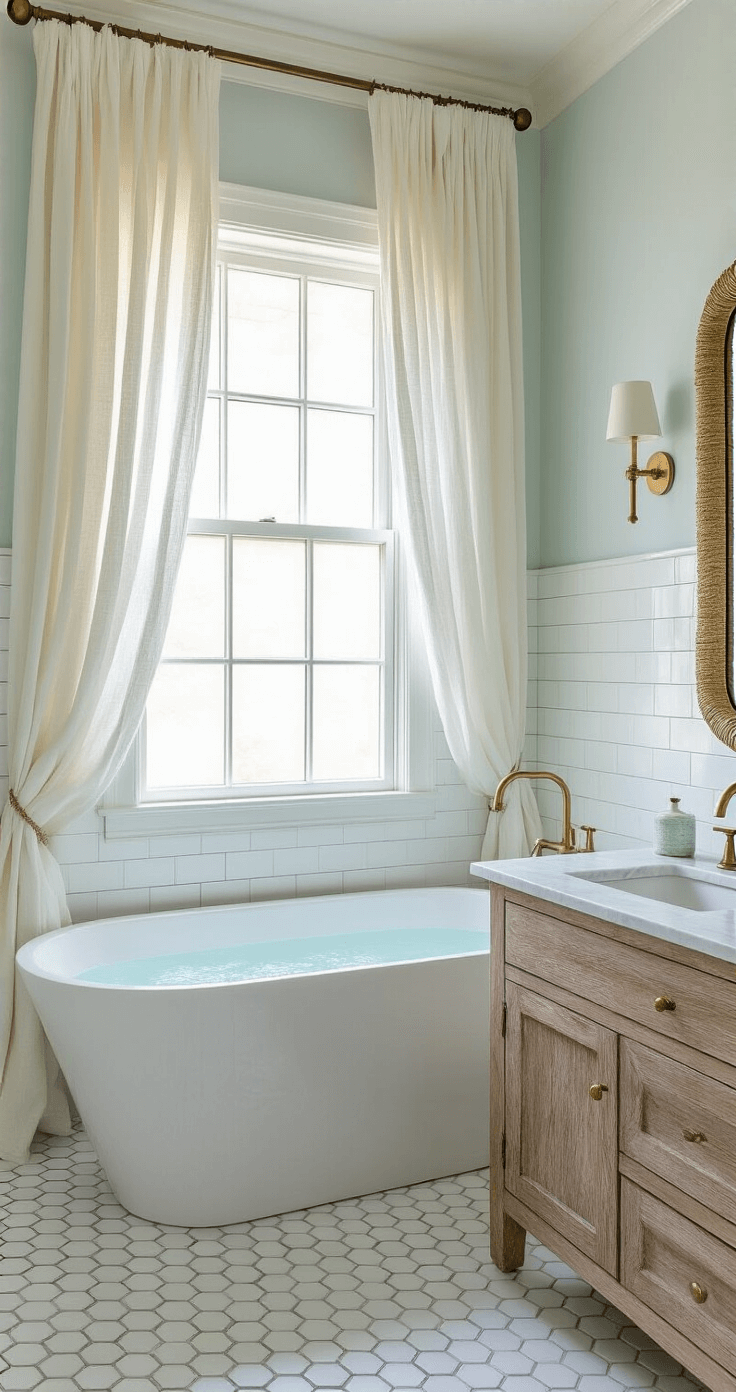 Pottery Barn Coastal Decor: Your Ultimate Guide to Creating a Seaside Sanctuary at Home A serene bathroom retreat featuring a freestanding white soaking tub, weathered wood vanity, and marble hexagon floor tiles, all beautifully adorned with soft natural light and sea glass-colored accessories.