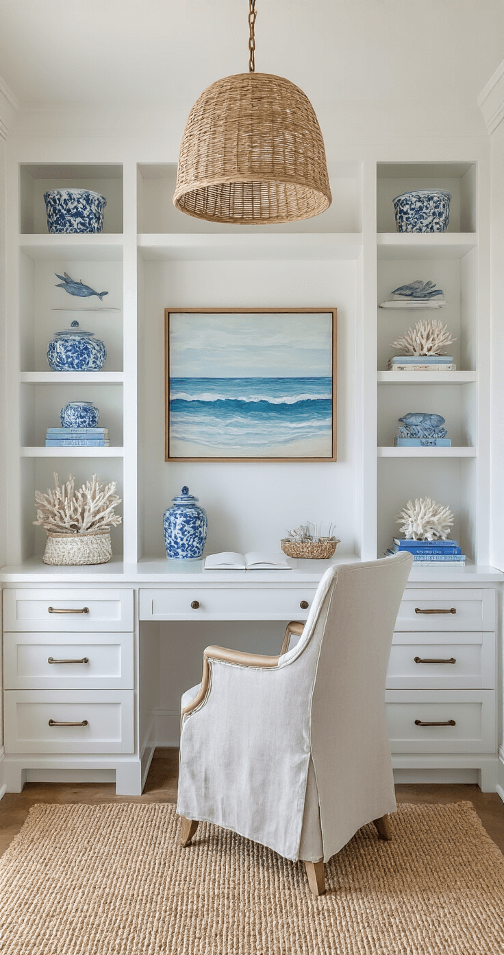 Pottery Barn Coastal Decor: Your Ultimate Guide to Creating a Seaside Sanctuary at Home A coastal home office corner featuring a whitewashed desk and upholstered linen chair, built-in white shelving adorned with blue and white ceramics, coral specimens, and coastal books, illuminated by afternoon light with a rattan pendant light overhead, layered jute and seagrass rugs, and abstract ocean artwork on the walls.