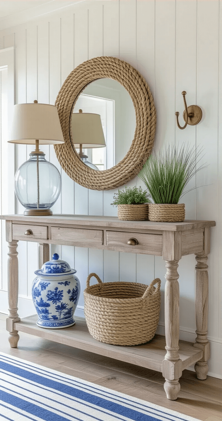 Pottery Barn Coastal Decor: Your Ultimate Guide to Creating a Seaside Sanctuary at Home A welcoming entryway with board and batten detailing in white, featuring a weathered console table with an oversized glass lamp and a rope-wrapped mirror above. A maritime striped runner is laid over bleached oak floors, alongside aged brass wall-mounted coat hooks and a blue and white chinoiserie umbrella stand, complemented by potted coastal grasses, all captured with dramatic side lighting.