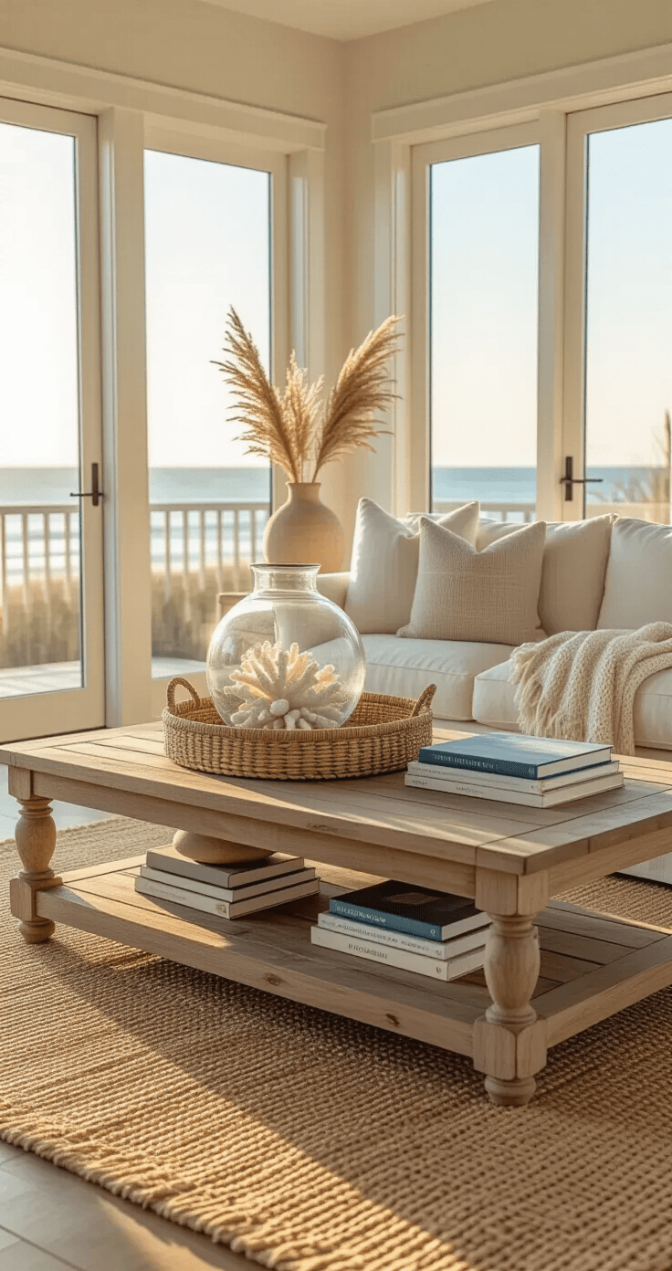 Coastal Coffee Table Decor: Transform Your Living Space into a Serene Beach Retreat A sunlit coastal living room with floor-to-ceiling windows, featuring a weathered teak coffee table styled with a rattan tray, a hand-blown glass hurricane lantern, blue-spine books, and bleached coral. An ivory linen sofa sits on a jute rug, surrounded by textural layers of sea grass, white shells, and a chunky knit throw, all bathed in warm golden light.