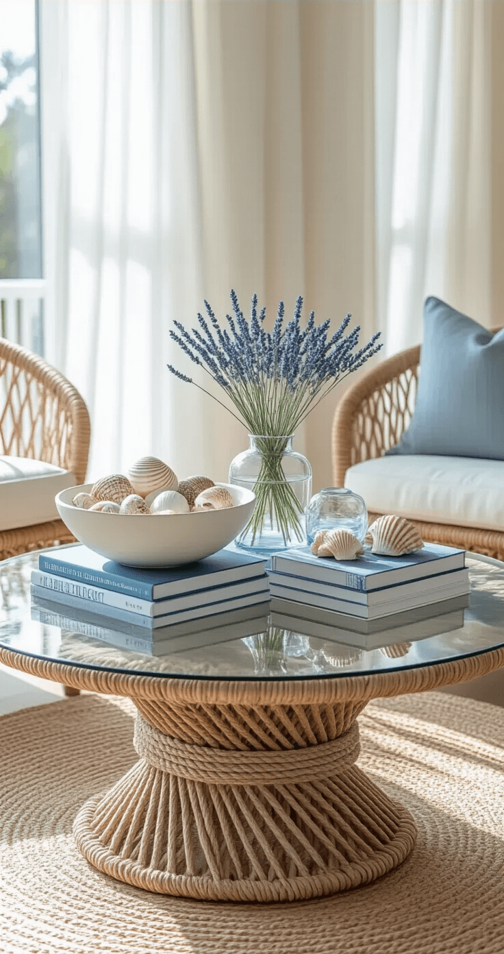 Coastal Coffee Table Decor: Transform Your Living Space into a Serene Beach Retreat Bright morning light filters through sheer white curtains in a cozy sitting area, highlighting a styled round glass coffee table with a rope-wrapped base. The table features an oversized white ceramic bowl filled with shells and sea glass, layered maritime books in varying blues, and clear glass vessels with dried sea lavender on natural fiber placemats. Framed by rattan armchairs, the scene is captured at a slightly elevated angle with a soft focus on the tabletop details.