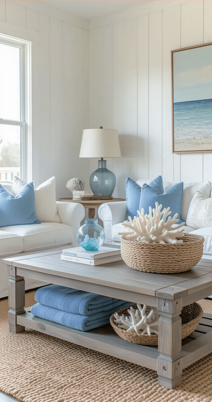 Coastal Coffee Table Decor: Transform Your Living Space into a Serene Beach Retreat A cozy coastal den with soft white board and batten walls, featuring a distressed gray coffee table centered in the space, adorned with a woven basket of blue throws, white coral arrangements, and a vintage sea blue glass float. Capiz shell wind chimes catch light from a nearby table lamp, while natural side lighting enhances the textures of the warm gray and ocean blue palette, viewed from a corner angle for added depth.
