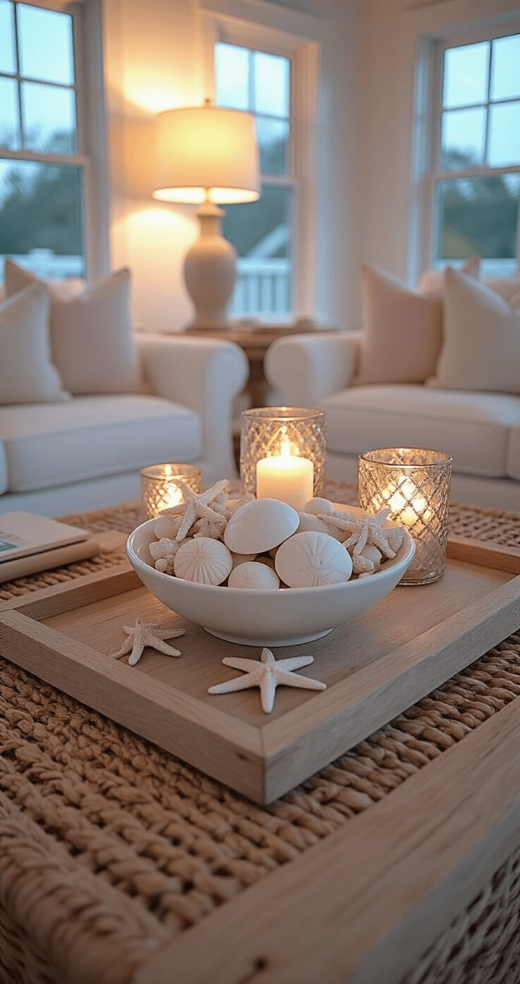 Coastal Coffee Table Decor: Transform Your Living Space into a Serene Beach Retreat Intimate beach cottage sitting room at dusk with a low-profile rectangular coffee table in bleached oak, featuring a white ceramic bowl filled with pale pink sand dollars and natural starfish, flanked by mercury glass candle holders with rope details, set on woven seagrass chargers, all softly illuminated by lamp light in warm white and blush pink tones.