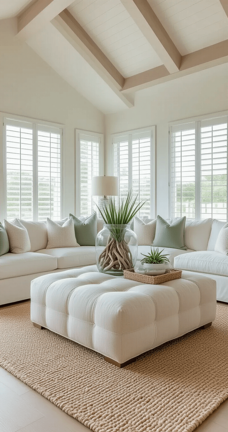 Coastal Coffee Table Decor: Transform Your Living Space into a Serene Beach Retreat A spacious great room features a cathedral ceiling, morning light filtering through plantation shutters, and an oversized square ottoman coffee table in natural linen. A clear glass vase holds twisted driftwood and air plants, while white ceramic dishes display beach treasures. A braided jute runner adds texture down the center, all captured in soft, diffused lighting.