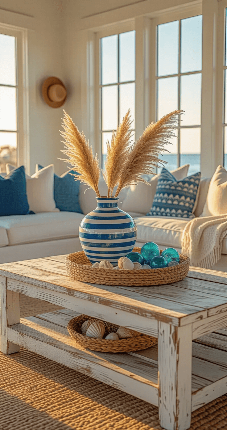 Coastal Coffee Table Decor: Transform Your Living Space into a Serene Beach Retreat Cozy beach house den at sunset with reclaimed wood coffee table, blue and white striped vase of pampas grass, vintage glass fishing floats, and a woven tray of shells, captured from a seated perspective with warm lighting and long shadows.