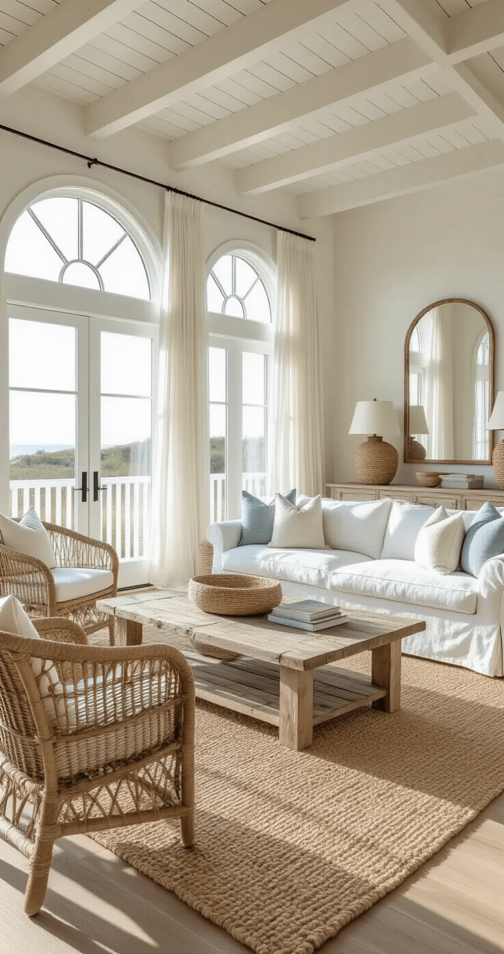 Coastal Decor Living Room: Creating Your Breezy, Relaxed Sanctuary A sunlit coastal living room featuring a white slipcover sofa, driftwood coffee table, and rattan chairs, with warm golden hour light filtering through wide bay windows, enhanced by layered textures and a soft color palette.