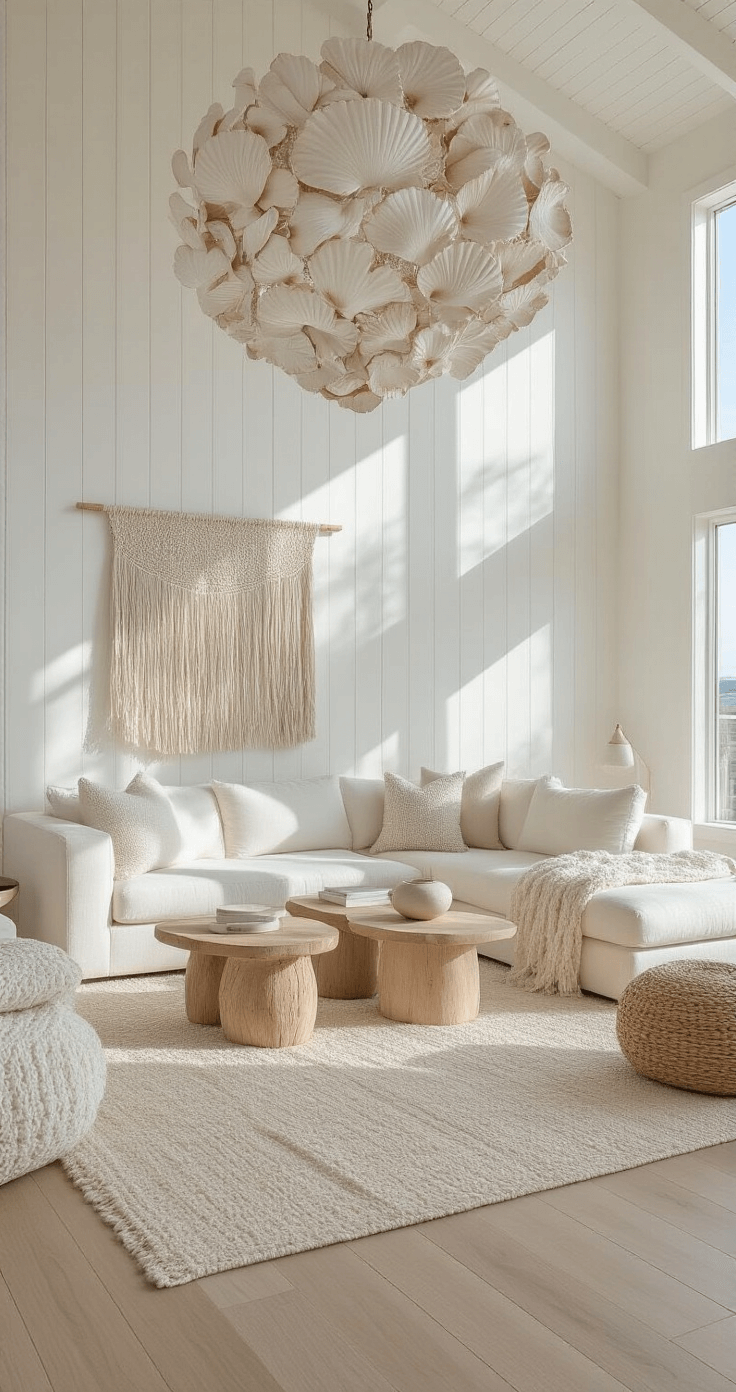 Coastal Decor Living Room: Creating Your Breezy, Relaxed Sanctuary A modern coastal sanctuary featuring an open-concept design with white-planked walls and light oak flooring, accented by a cream bouclé sectional and bleached teak side tables. A dramatic shell-inspired chandelier casts organic shadows, complemented by handwoven decor and textured throws in a soothing color palette of ivory, dune beige, pale aqua, and silvered gray. The image is captured from an elevated angle, showcasing soft morning light.