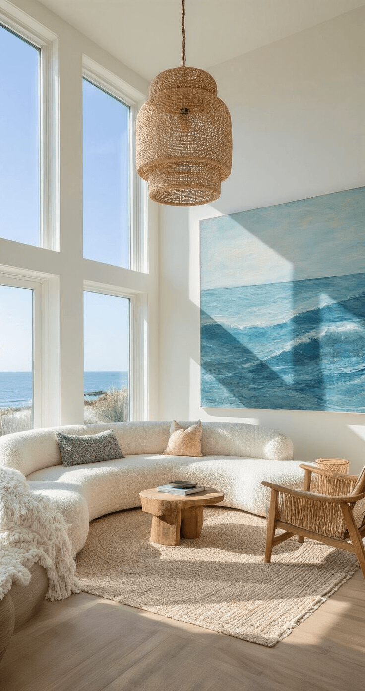 Coastal Decor Living Room: Creating Your Breezy, Relaxed Sanctuary A spacious contemporary coastal living room featuring double-height windows, dawn light casting shadows. A cream curved bouclé sofa is flanked by raw wood accent chairs, while a massive abstract seascape artwork dominates the focal wall. Textural elements include a rope pendant light, a chunky wool throw, and a collection of ceramic pottery. The color palette includes white, greige, ocean blues, and soft coral, captured from a mezzanine level viewpoint.