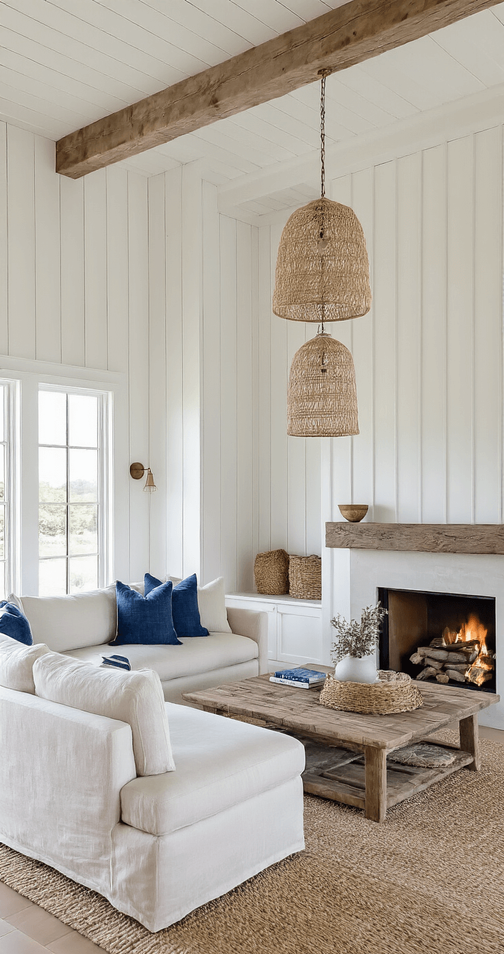 Coastal Decor Living Room: Creating Your Breezy, Relaxed Sanctuary A cozy coastal den featuring board and batten white walls, an oversized linen sectional facing a stone fireplace with a driftwood mantel, accented by vintage indigo textiles, woven pendant lights, and a warm color palette of white, indigo, and driftwood gray, all illuminated by the golden hour glow.