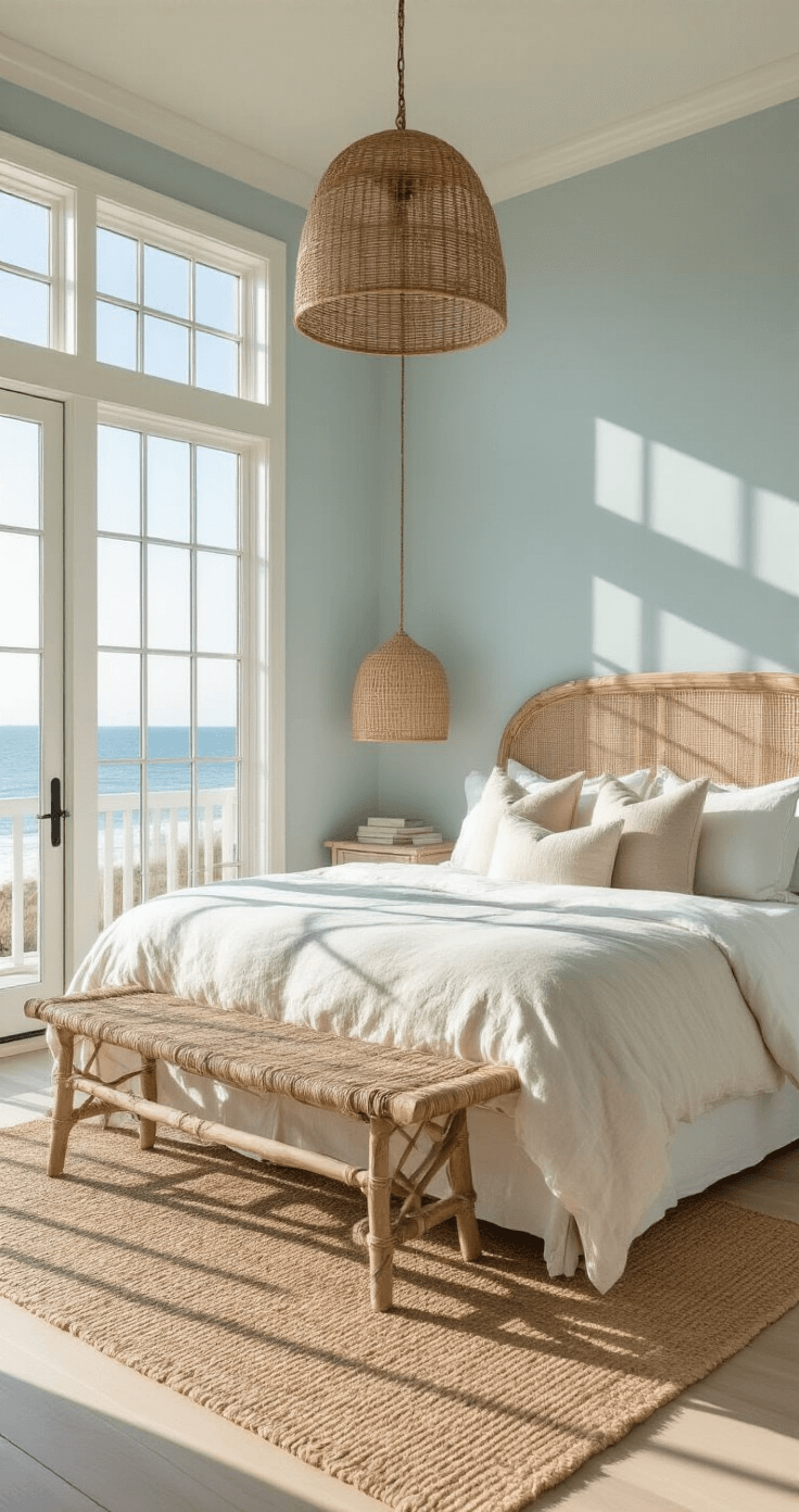 Coastal Decor Bedroom: Your Ultimate Guide to a Serene Seaside Retreat A sunlit coastal bedroom featuring whitewashed oak floors and pale blue walls, with a king-sized bed dressed in rumpled linen bedding. The room is illuminated by natural light streaming through floor-to-ceiling windows, showcasing a rattan pendant light and a jute rug under a seagrass bench, all captured from an elevated angle.