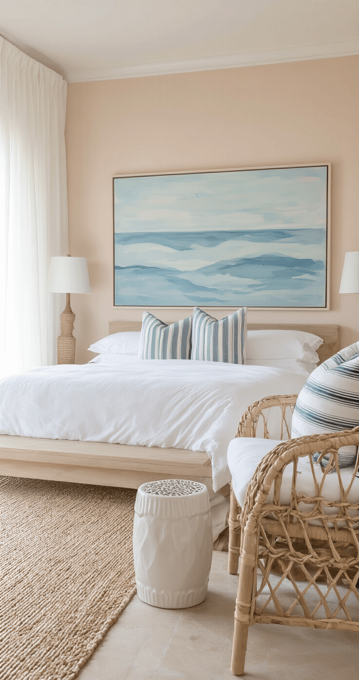 Coastal Decor Bedroom: Your Ultimate Guide to a Serene Seaside Retreat A cozy coastal retreat with intimate morning light filtering through sheer white curtains, showcasing a bleached oak platform bed adorned with a cloud-white duvet and coastal stripe pillows, soft blush plaster walls, and an oversized abstract seascape, complemented by woven water hyacinth chairs and white ceramic side tables.