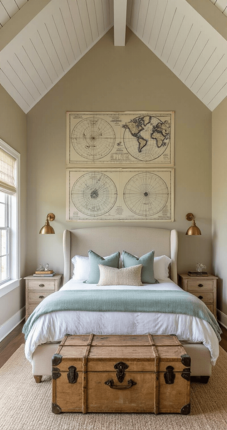 Coastal Decor Bedroom: Your Ultimate Guide to a Serene Seaside Retreat A cozy primary bedroom at dusk with cathedral ceilings and exposed white beams. Warm greige walls display vintage sailing maps. A natural linen upholstered wingback bed is layered with sea glass-toned throws, surrounded by ambient light from brass sconces. A weathered trunk serves as a bench, captured from a corner angle with a wide-angle lens.