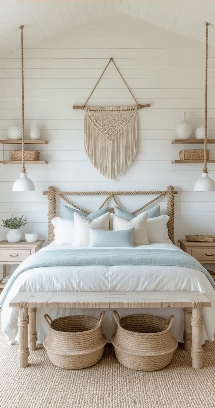 Coastal Decor Bedroom: Your Ultimate Guide to a Serene Seaside Retreat Bright coastal suite featuring a queen bed with a shiplap accent wall, layered bedding in sandy neutrals and pale aqua, seagrass baskets and white vessels on floating shelves, and a macramé wall hanging, captured in a symmetrical composition.