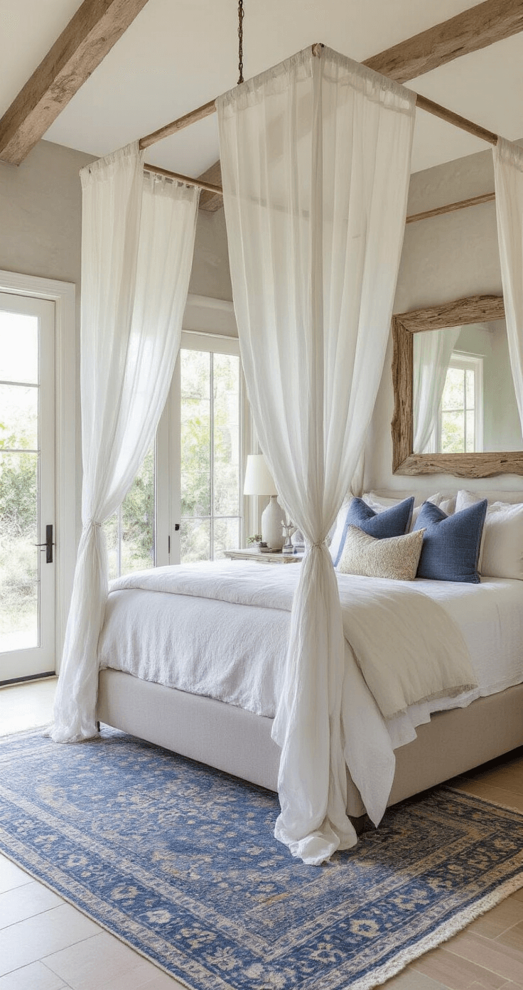 Coastal Decor Bedroom: Your Ultimate Guide to a Serene Seaside Retreat A luxurious master retreat featuring Venetian plaster walls in soft gray, a canopy bed draped in sheer white linens with coastal blue accents, and an oversized driftwood-framed mirror reflecting garden views, all illuminated by late afternoon light. Vintage indigo textiles add depth to the serene atmosphere.