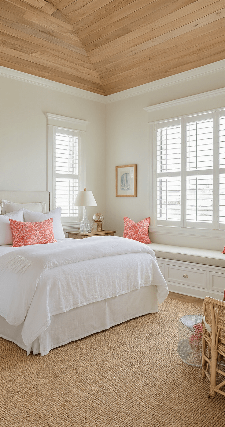 Coastal Decor Bedroom: Your Ultimate Guide to a Serene Seaside Retreat A cozy morning coastal bedroom featuring a queen bed with white linen, built-in window seats filled with coral motif pillows, and a collection of glass floats, all illuminated by soft light filtering through plantation shutters.