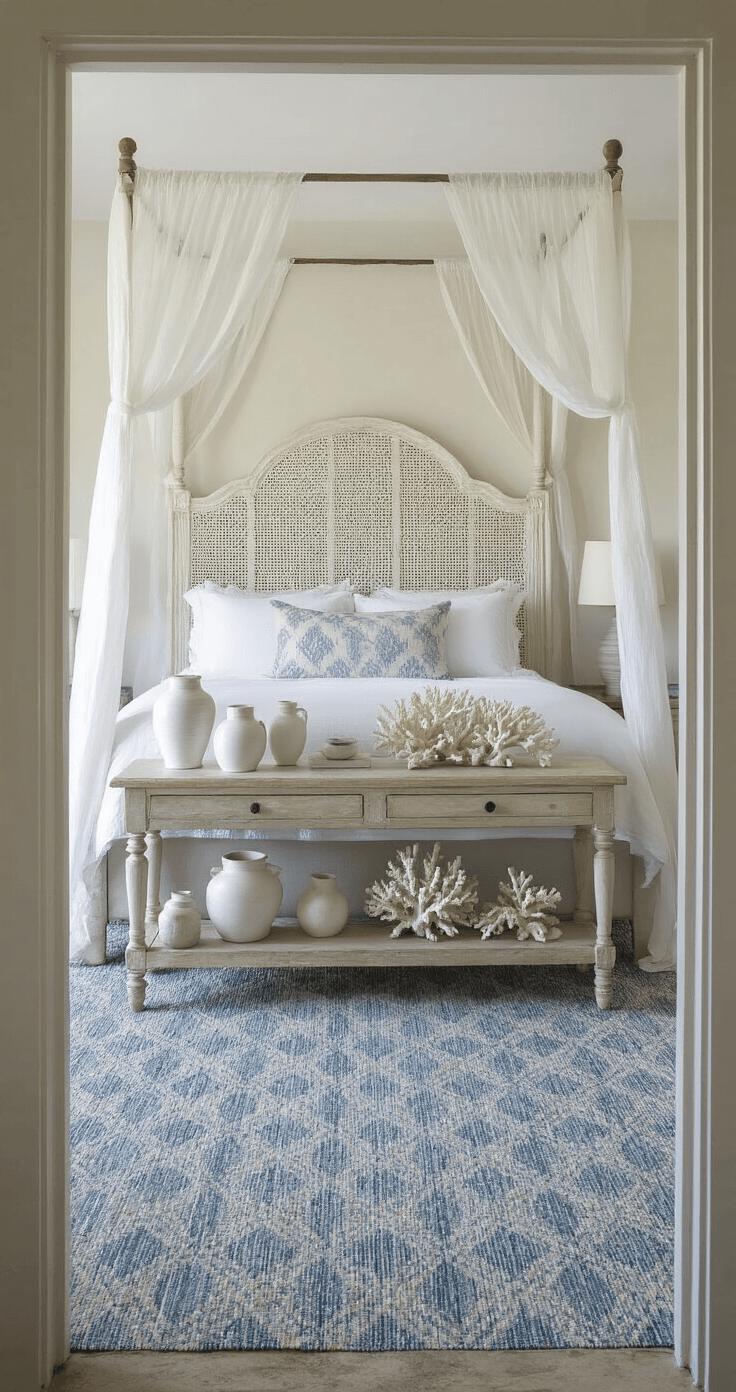 Coastal Decor Bedroom: Your Ultimate Guide to a Serene Seaside Retreat A serene twilight coastal sanctuary featuring wall-to-wall seagrass, a geometric dhurrie in muted blues and grays, a king bed with a whitewashed spindle headboard and gauzy canopy, and a collection of white ceramic vessels and bleached coral on an antique console, viewed from the doorway.