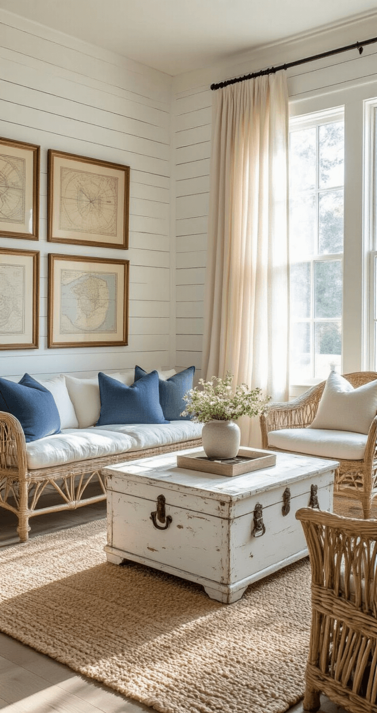 Vintage Coastal Decor: Your Ultimate Guide to Nautical Nostalgia A sunlit living room featuring white shiplap walls, a weathered whitewashed coffee table, and a rattan armchair with blue cushions, all adorned with vintage nautical maps and a natural jute rug, captured in warm golden hour light.