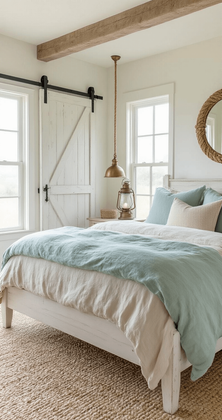 Vintage Coastal Decor: Your Ultimate Guide to Nautical Nostalgia A serene master bedroom featuring a whitewashed wooden bed with rumpled seafoam blue and sandy beige linen bedding, an oversized antique brass lantern on the nightstand, and a rope-wrapped mirror reflecting light from twin windows, all set against a weathered coastal white barn door, captured in soft morning light.