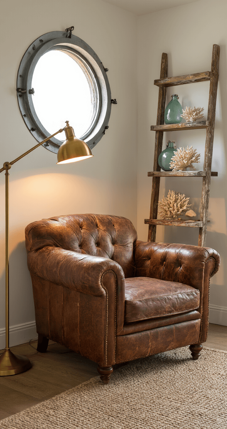 Vintage Coastal Decor: Your Ultimate Guide to Nautical Nostalgia A cozy reading corner featuring an oversized vintage leather armchair beneath a porthole window, illuminated by a warm brass floor lamp. A distressed wooden ladder shelf displays coral specimens and antique glass floats, with natural textures highlighted by the golden hour light.