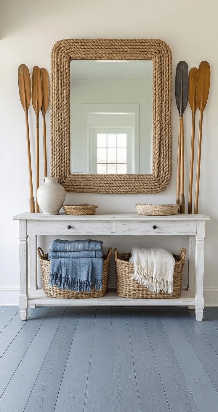 Vintage Coastal Decor: Your Ultimate Guide to Nautical Nostalgia A symmetrical coastal entry foyer featuring a whitewashed console table under a large rope-framed mirror, vintage oars arranged vertically, weathered blue-gray painted floors, and a seagrass basket with rolled beach blankets.