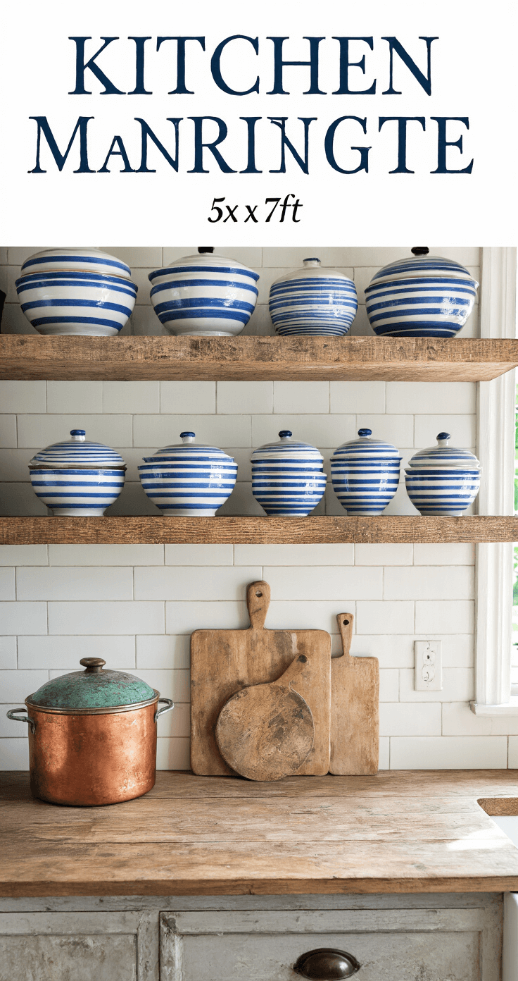 Vintage Coastal Decor: Your Ultimate Guide to Nautical Nostalgia A cozy kitchen vignette showcasing open shelving made from reclaimed boat wood, displaying vintage blue and white striped pottery, with copper pots featuring a verdigris patina. Worn cutting boards are propped against a subway tile backsplash, all bathed in soft morning light, emphasizing textural details.