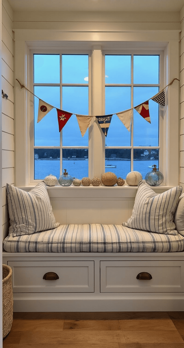 Vintage Coastal Decor: Your Ultimate Guide to Nautical Nostalgia Cozy window nook with a built-in white bench and indigo-striped cushions, featuring vintage glass fishing floats on the sill and weathered signal flags on the wall, captured during blue hour with ambient natural and warm light for a coastal ambiance.