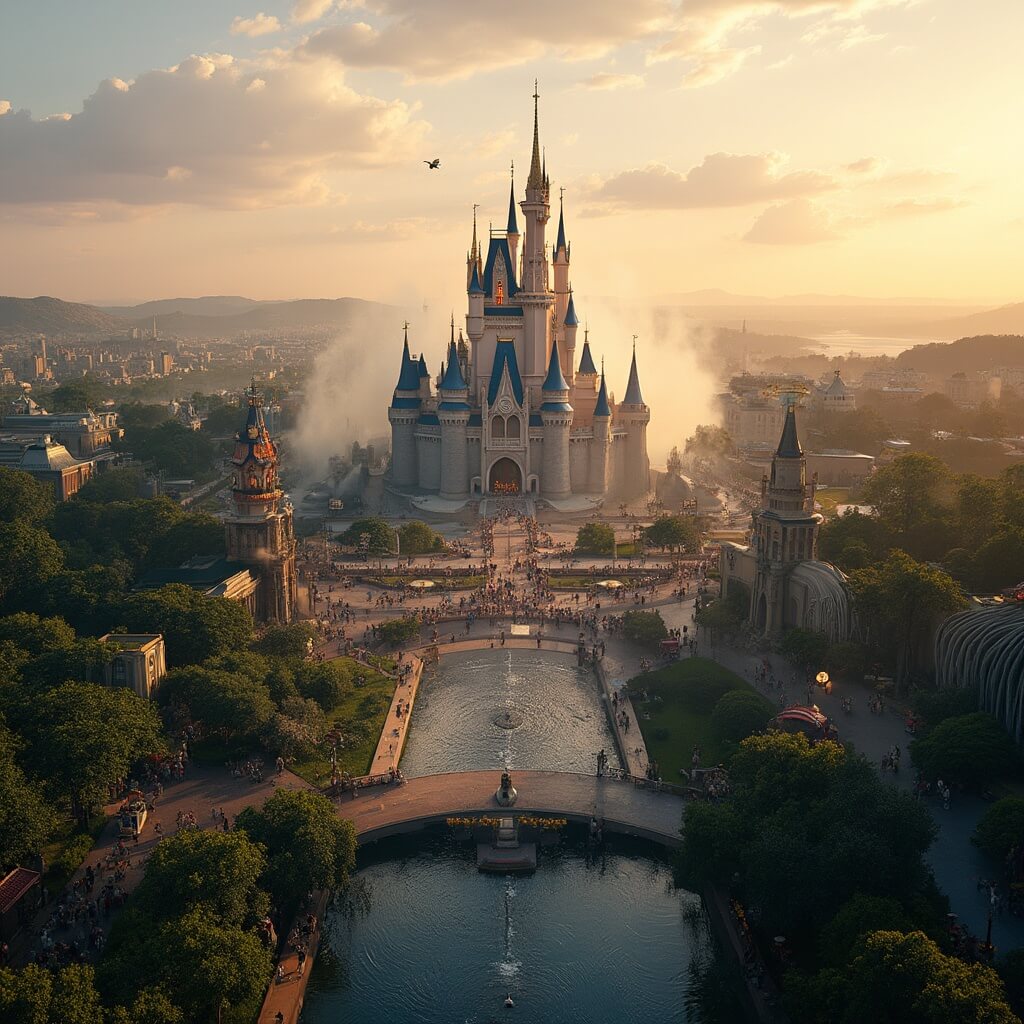 Ultimate Orlando Adventures: 8 Mind-Blowing Experiences You Can't Miss in 2025! Aerial view of Magic Kingdom with Cinderella Castle at golden hour