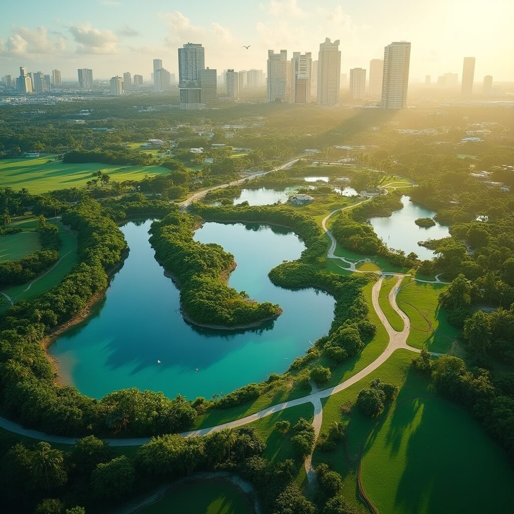 Aerial view of Amelia Earhart Park with blue lakes, green bike trails, soccer fields, Miami skyline in the background, and golden sunlight casting shadows