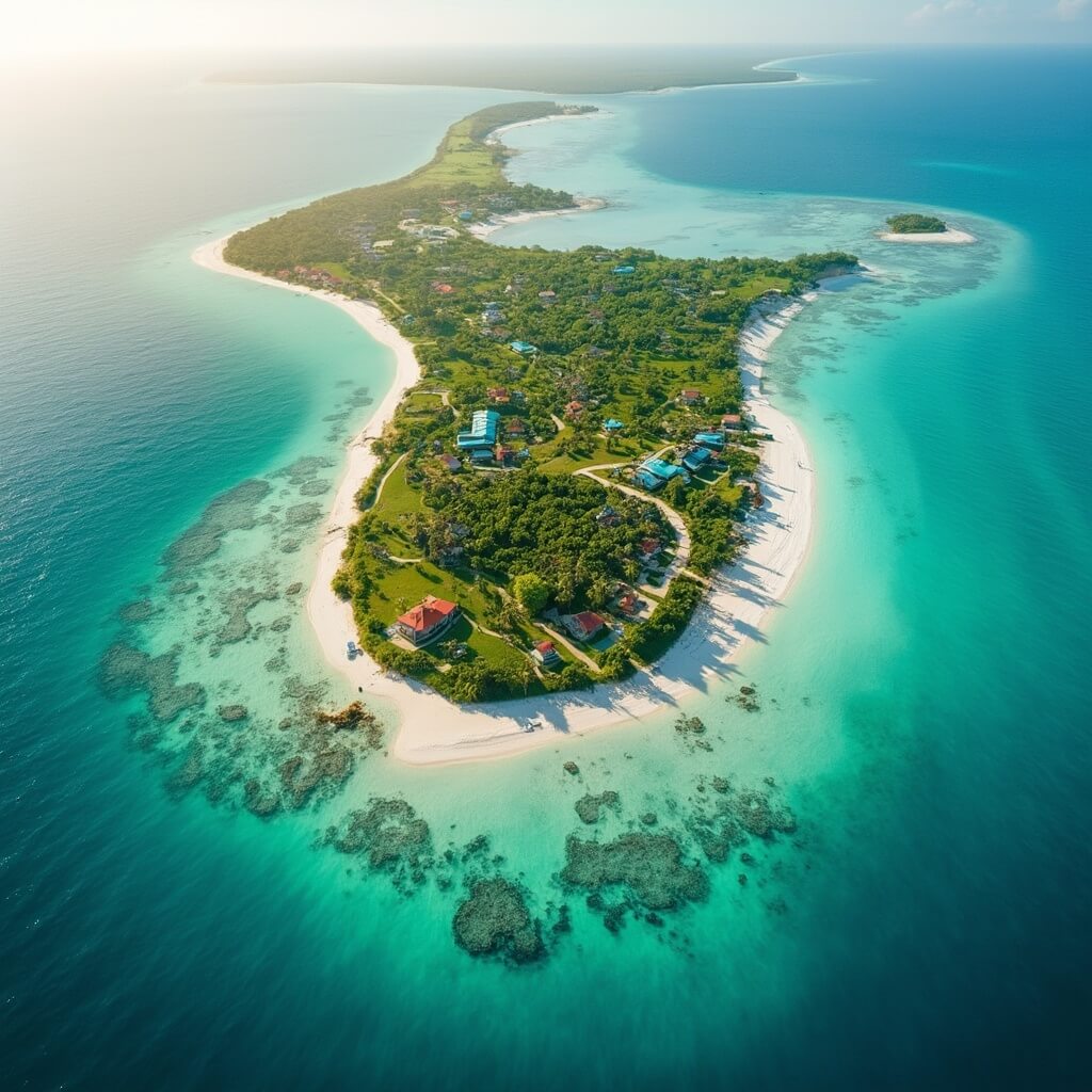 Unlocking Paradise: The Ultimate Anna Maria Island Adventure Guide Aerial drone view of Anna Maria Island showing turquoise waters, lush green landscapes, white sandy beaches, small colorful buildings and boats, and complex coastline geography in golden sunlight