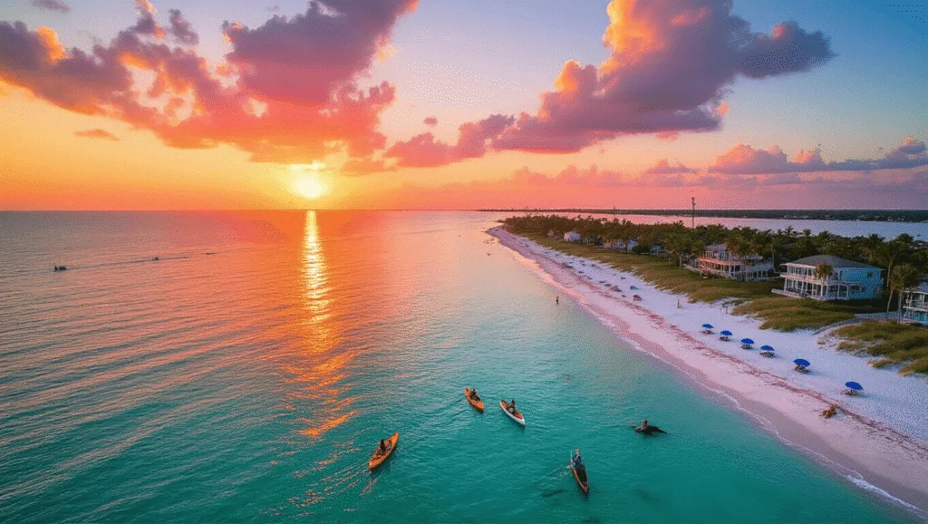 Unlocking Paradise: The Ultimate Anna Maria Island Adventure Guide "Aerial sunset view of Anna Maria Island, with turquoise Gulf of Mexico and Tampa Bay waters meeting at Bean Point, kayakers and dolphins visible in water, beach umbrellas and beach houses along white sandy shore, framed by palm trees and a trolley on the coastal road."