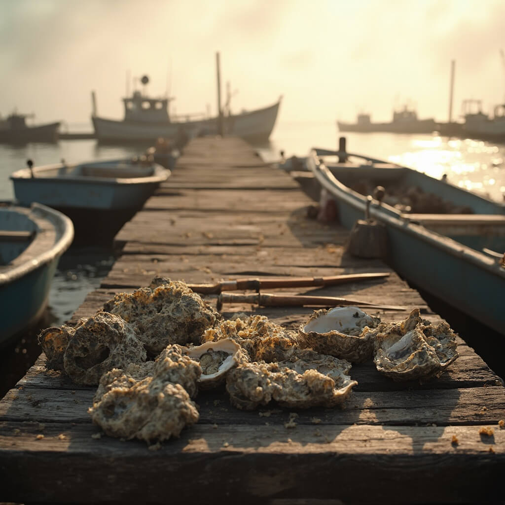Outdoor Adventures and Hidden Gems: Why Apalachicola Will Steal Your Heart Rustic dock overlooking Apalachicola Bay at golden hour with weathered oyster boats, fresh oysters and shucking tools on a wooden table, amid a backdrop of sparkling waters and fishing boats, with atmospheric mist rising from the bay.