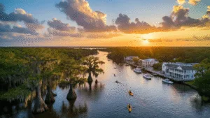 Outdoor Adventures and Hidden Gems: Why Apalachicola Will Steal Your Heart "Aerial view of Apalachicola at sunset with cypress trees, vibrant forests, Victorian buildings, kayakers, oyster boats, and dolphins, emphasizing its wilderness, water, and history"